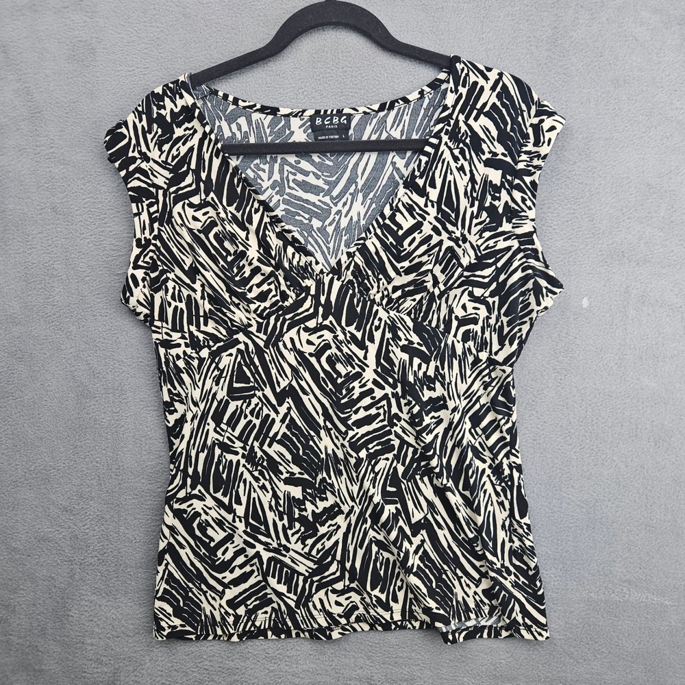 BCBG Paris Y2k Womens Large Black White Abstract Geometric V-Neck Cap Sleeve Top